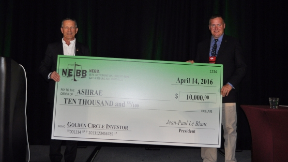 NEBB President JeanPaul Leblanc presenting the donation to James Vallort ASHRAE Vice President