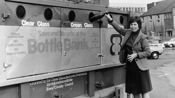 In this 1976 photo a woman recycles glass at a bottle bank in Chelmsford England Photo by Evening StandardGetty Images