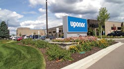 The Uponor Annex in Apple Valley, Minn., features sustainable design and construction practices, such as a solar array, a white roof, and rainwater collection.