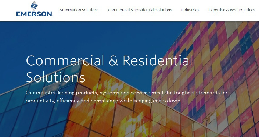 Screen shot of Emerson's Commercial and Residential Solutions page