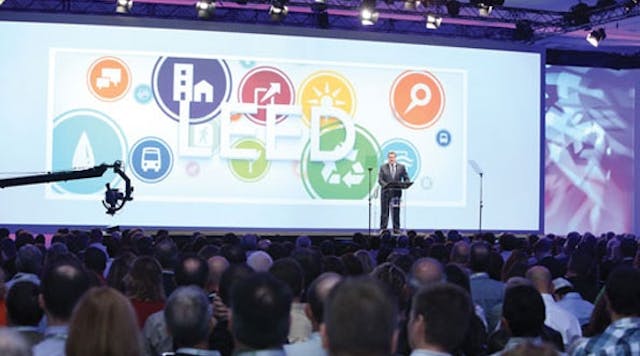 Rick Fedrizzi addresses a crowd of more than 6,000 to open Greenbuild 2012.