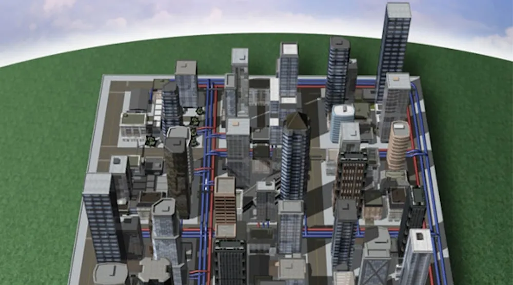 Typical district energy system in an urban business district. Typical district energy system in an urban business district.