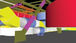 Image from Autodesk Navisworks software showing coordination within the mechanical room at Spaulding Rehabilitation Hospital Image from Autodesk Navisworks software showing coordination within the mechanical room at Spaulding Rehabilitation Hospital