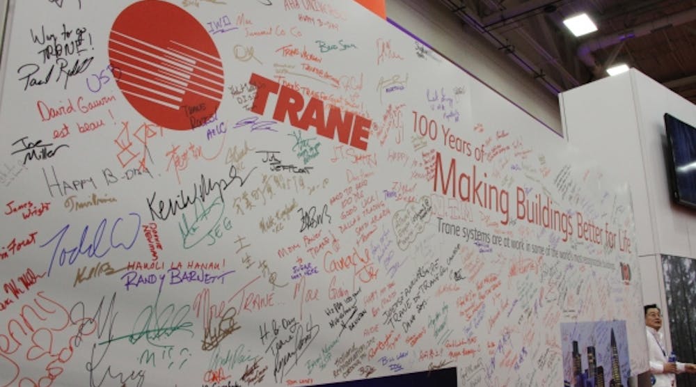 In recognition of Trane&rsquo;s 100-year anniversary, visitors to the company&rsquo;s booth at the 2013 AHR Expo in Dallas signed a wall of congratulations.