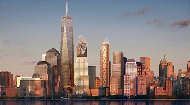 An artist rendering shows the Manhattan skyline from the Hudson River showing the One World Trade Center (formerly known as the Freedom Tower) and other World Trade Center buildings. From the Boston.com website.