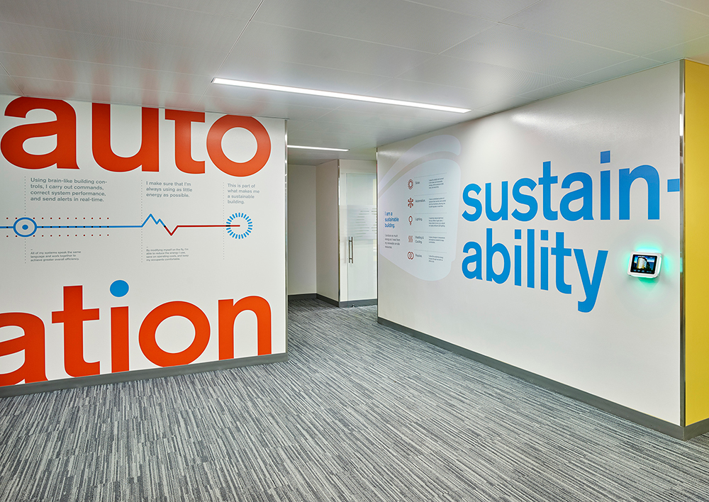 Large graphics remind occupants of United Therapeutics&rsquo; sustainability goals, as well as the eco-friendly and energy-conserving systems installed throughout Unisphere.