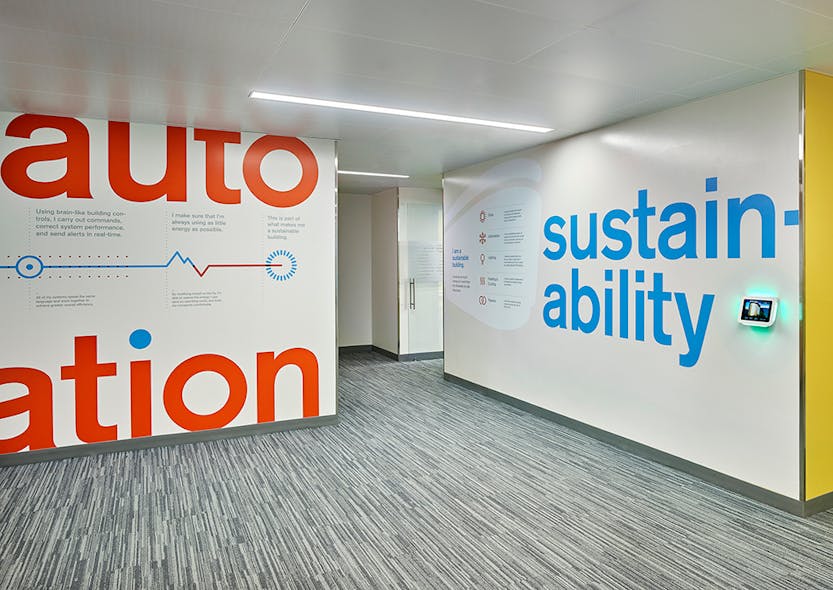 Large graphics remind occupants of United Therapeutics&rsquo; sustainability goals, as well as the eco-friendly and energy-conserving systems installed throughout Unisphere.