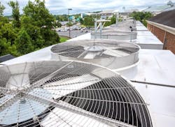 In counterflow towers, the air is induced up through the fill, in the opposite direction of the falling water. Sun-tight louvers help to stem the growth of algae. In counterflow towers, the air is induced up through the fill, in the opposite direction of the falling water. Sun-tight louvers help to stem the growth of algae.