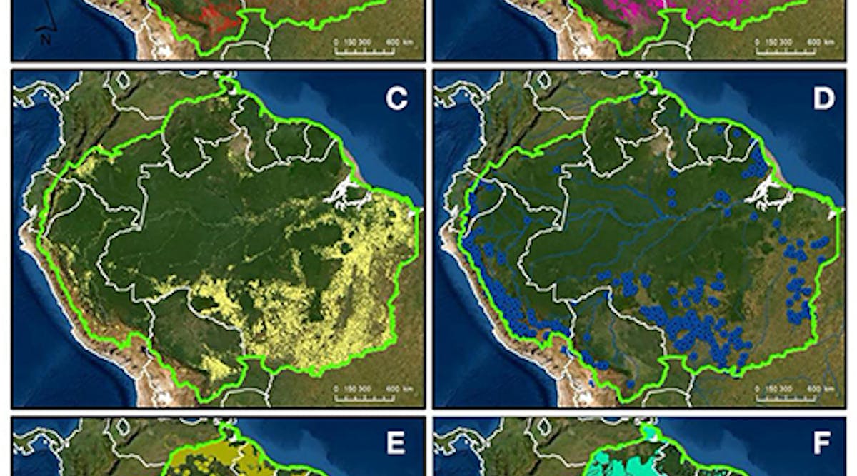 Social and economic drivers of land use in the Amazon: (A) forest loss 2001&ndash;2019 (Hansen et al., 2013) (red shading), (B) fires 2001&ndash;2019 (RAISG, 2020) (pink), (C) agricultural and cattle areas (MAPBIOMAS Version 2.0, 2020) (yellow), (D) hydropower and reservoirs (RAISG, 2020) (blue), (E) oil extraction and mining areas (RAISG, 2020) (yellow shading and points), and (F) fishing and hunting areas (RAISG, 2020) (aqua).