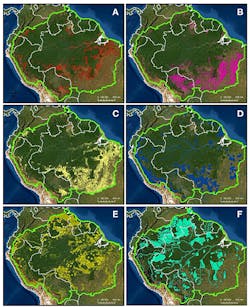 Social and economic drivers of land use in the Amazon: (A) forest loss 2001–2019 (Hansen et al., 2013) (red shading), (B) fires 2001–2019 (RAISG, 2020) (pink), (C) agricultural and cattle areas (MAPBIOMAS Version 2.0, 2020) (yellow), (D) hydropower and reservoirs (RAISG, 2020) (blue), (E) oil extraction and mining areas (RAISG, 2020) (yellow shading and points), and (F) fishing and hunting areas (RAISG, 2020) (aqua). Social and economic drivers of land use in the Amazon: (A) forest loss 2001–2019 (Hansen et al., 2013) (red shading), (B) fires 2001–2019 (RAISG, 2020) (pink), (C) agricultural and cattle areas (MAPBIOMAS Version 2.0, 2020) (yellow), (D) hydropower and reservoirs (RAISG, 2020) (blue), (E) oil extraction and mining areas (RAISG, 2020) (yellow shading and points), and (F) fishing and hunting areas (RAISG, 2020) (aqua).
