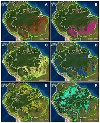Social and economic drivers of land use in the Amazon: (A) forest loss 2001&ndash;2019 (Hansen et al., 2013) (red shading), (B) fires 2001&ndash;2019 (RAISG, 2020) (pink), (C) agricultural and cattle areas (MAPBIOMAS Version 2.0, 2020) (yellow), (D) hydropower and reservoirs (RAISG, 2020) (blue), (E) oil extraction and mining areas (RAISG, 2020) (yellow shading and points), and (F) fishing and hunting areas (RAISG, 2020) (aqua).