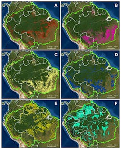 Social and economic drivers of land use in the Amazon: (A) forest loss 2001–2019 (Hansen et al., 2013) (red shading), (B) fires 2001–2019 (RAISG, 2020) (pink), (C) agricultural and cattle areas (MAPBIOMAS Version 2.0, 2020) (yellow), (D) hydropower and reservoirs (RAISG, 2020) (blue), (E) oil extraction and mining areas (RAISG, 2020) (yellow shading and points), and (F) fishing and hunting areas (RAISG, 2020) (aqua). Social and economic drivers of land use in the Amazon: (A) forest loss 2001–2019 (Hansen et al., 2013) (red shading), (B) fires 2001–2019 (RAISG, 2020) (pink), (C) agricultural and cattle areas (MAPBIOMAS Version 2.0, 2020) (yellow), (D) hydropower and reservoirs (RAISG, 2020) (blue), (E) oil extraction and mining areas (RAISG, 2020) (yellow shading and points), and (F) fishing and hunting areas (RAISG, 2020) (aqua).