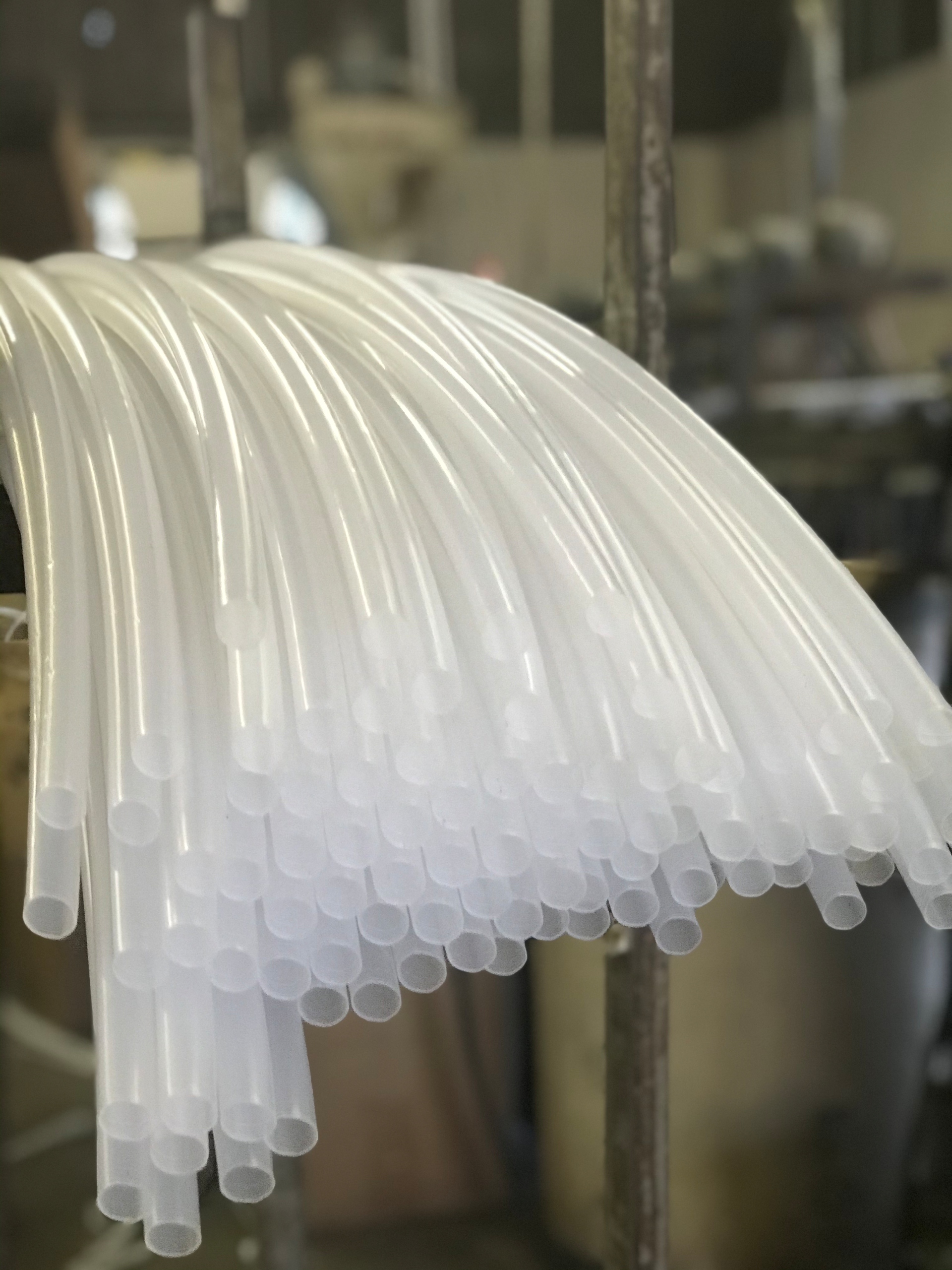 To help set the plastic, the extruded tubing travels immediately through a tank of water that cools the low-density polyethylene (LDPE). The water circulates back through the cooling tower in a closed loop.