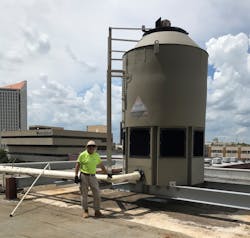 Engineered plastic cooling tower was installed in one piece. Paragon T150 model boasts a capacity of 150 tons. Engineered plastic cooling tower was installed in one piece. Paragon T150 model boasts a capacity of 150 tons.