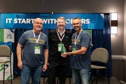 WARE's Gerald Blain (left) and Ritchie Ware (right) accept the Innovation Award from ABMA's Scott Lynch. WARE's Gerald Blain (left) and Ritchie Ware (right) accept the Innovation Award from ABMA's Scott Lynch.