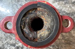 Experiment #2.1 – Cross pipe view of the pump body with Exp #1 on the left and 4% on the right. Experiment #2.1 – Cross pipe view of the pump body with Exp #1 on the left and 4% on the right.