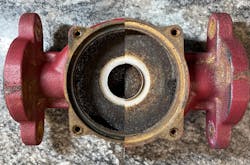 Experiment #2.2 – Top pipe view of the pump body with Exp #1 on the left and 4% on the right. Experiment #2.2 – Top pipe view of the pump body with Exp #1 on the left and 4% on the right.