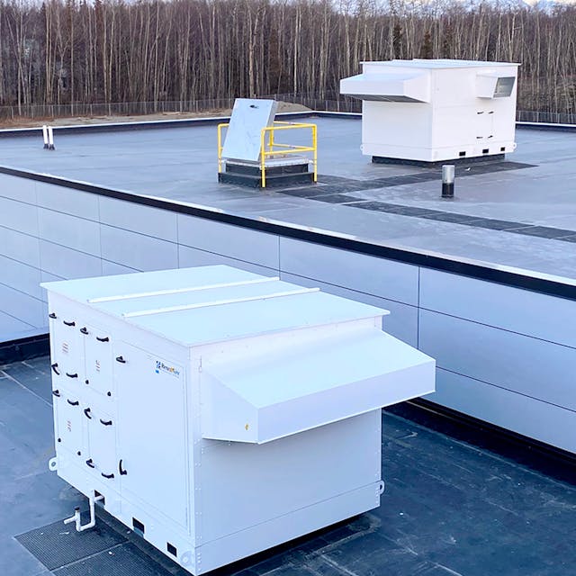 Rooftop units supply the building and include DX cooling, hydronic heat, and variable airflow.