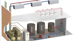Commercial water heating system utilizing a heat pump with domestic hot water storage.