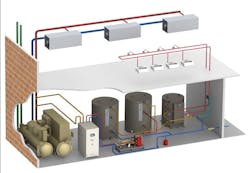 Commercial water heating system utilizing a heat pump with domestic hot water storage. Commercial water heating system utilizing a heat pump with domestic hot water storage.