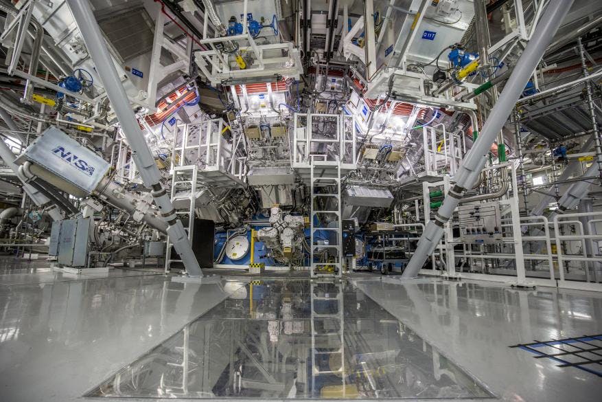 The target chamber of LLNL&rsquo;s National Ignition Facility, where 192 laser beams delivered more than 2 million joules of ultraviolet energy to a tiny fuel pellet to create fusion ignition on Dec. 5, 2022.