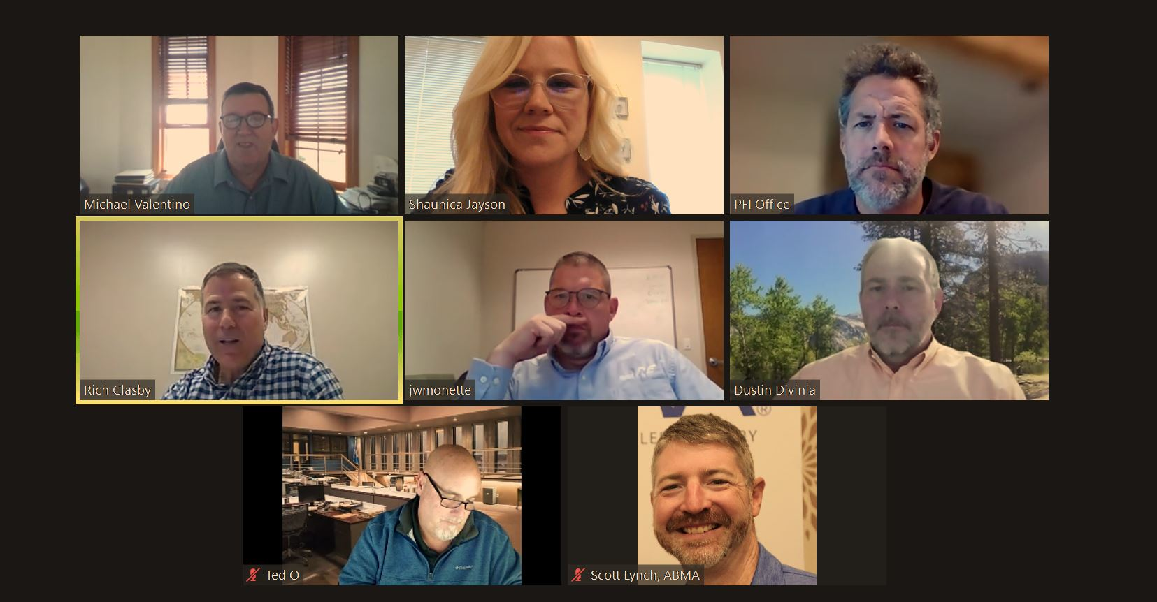 In December, Tim Portz of the Pellet Fuels Institute, Bob Langstine with Zeeco, Rich Clasby with Detroit Stoker, Jim Monette of Nooter/Eriksen, Dustin Divinia with Vector Systems, Ted Older of New York Blower, and Mike Valentino, Shaunica Jayson, and Scott Lynch with ABMA joined on a video conference call to plan topics and presentations.