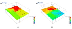 Fig. 3: CFD analysis shows contours of infection probability computed by the Wells-Riley correlation at a breathing plane of occupants. A single supply / single return layout can promote the spread of contaminants and increase the risk of infection. Conversely, the aerodynamic containment layout can reduce the risk of infection by properly distributing the clean air over the occupants and forming a path of least resistance for the contaminated air to leave the space. Fig. 3: CFD analysis shows contours of infection probability computed by the Wells-Riley correlation at a breathing plane of occupants. A single supply / single return layout can promote the spread of contaminants and increase the risk of infection. Conversely, the aerodynamic containment layout can reduce the risk of infection by properly distributing the clean air over the occupants and forming a path of least resistance for the contaminated air to leave the space.