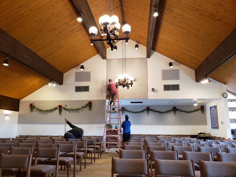 A GLO-1500 open-ended fixture was installed at the rear of the worship area, where UV-C energy blankets the upper air.