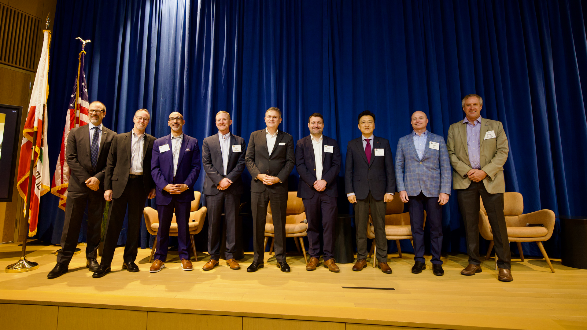 From left: CEC Commissioner Andrew McAllister, Dana Fisher (Mitsubishi), Joshua C. Greene (A. O. Smith), Jason Thomas (Carrier), David Calabrese (Daikin), Mark Lessons (Johnson Controls), Chris Ahn (LG Electronics), Chris Day (Rheem), CEC Chair David Hochschild.