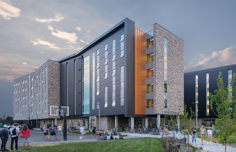 The energy-efficient design of Hyalite Hall at Montana State has achieved LEED Gold certification. Its advanced MEP system uses air-to-air recovery (DOAS), chilled beams, and fan coil units, in addition to its SolarWall.