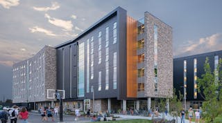The energy-efficient design of Hyalite Hall at Montana State has achieved LEED Gold certification. Its advanced MEP system uses air-to-air recovery (DOAS), chilled beams, and fan coil units, in addition to its SolarWall.