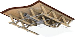 Ceiling radiation damper in a combustible wood-truss floor/ceiling assembly.