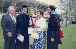 In 1989, Bill Bahnfleth received his PhD from the University of Illinois, joined by parents Don and Joan, wife Mary, and doctoral advisor Curt Pedersen. In 1989, Bill Bahnfleth received his PhD from the University of Illinois, joined by parents Don and Joan, wife Mary, and doctoral advisor Curt Pedersen.