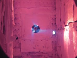 A Zeeco GB low-NOX burner firing 20% CO2 and 80% H2 fuel gas. A Zeeco GB low-NOX burner firing 20% CO2 and 80% H2 fuel gas.