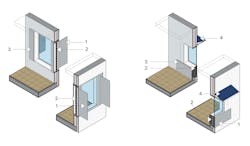 Opaque facade with window and vertical shading (left) and with horizontal shading (right). The elements include: (1) exterior heat sink, (2) interior radiant panel, (3) TEM components, and (4) photovoltaic panel. Opaque facade with window and vertical shading (left) and with horizontal shading (right). The elements include: (1) exterior heat sink, (2) interior radiant panel, (3) TEM components, and (4) photovoltaic panel.