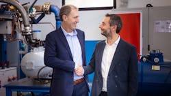 From left, Fabio Klein, President of Danfoss Commercial Compressors, seals the deal with David Candio, CEO of Palladio Compressors. From left, Fabio Klein, President of Danfoss Commercial Compressors, seals the deal with David Candio, CEO of Palladio Compressors.