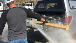 To clean a sewer line thoroughly prior to lining, specialized jetting nozzles are operated in conjunction with a vacuum truck. To clean a sewer line thoroughly prior to lining, specialized jetting nozzles are operated in conjunction with a vacuum truck.