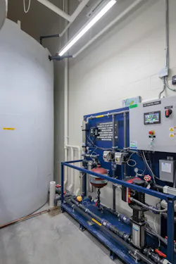 All toilet flushing water is supplied from a rainwater reclamation system. Roof drainage is filtered and stored in a 4,300-gallon tank, then distributed through a dedicated non-potable system. All toilet flushing water is supplied from a rainwater reclamation system. Roof drainage is filtered and stored in a 4,300-gallon tank, then distributed through a dedicated non-potable system.