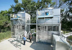 Above ground, DMI technicians perform seasonal maintenance on the EVAPCO ESW4 evaporative fluid coolers outside the caves. Above ground, DMI technicians perform seasonal maintenance on the EVAPCO ESW4 evaporative fluid coolers outside the caves.