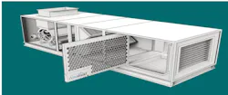 Cutaway illustration of the Aireshield plasma-field ionization module integrated into the hybrid AHU configuration at Lincoln Center. The unit's confined non-thermal dielectric barrier discharge chamber inactivates sub-micron biological particles — bacteria, viruses, and mold spores — through reactive oxygen species generation, operating at substantially lower flow resistance than the mechanical filter bank it supplements.