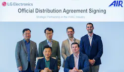 Standing, from left: Don Kwack, President and CEO, LG Electronics North America; James Lee, President, LG Electronics ES Company; Tim Hesseldieck, VP, Head of Strategy & Corporate Development, AIR Control Concepts; and Cameron Kaupp, VP, Chief of Staff, AIR Control Concepts. Seated, from left: Chris Ahn, President, LG Electronics USA HVAC Division; and Hayden Bland, President, AIR Control Concepts.